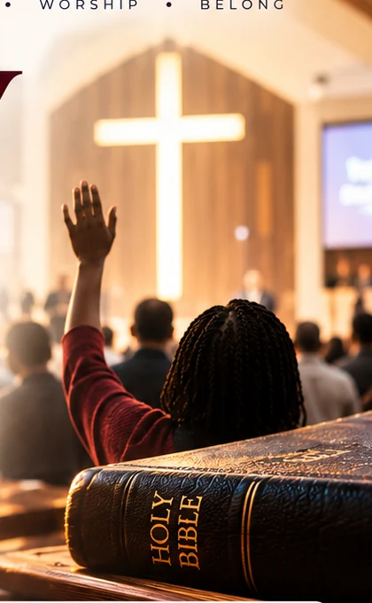 Worship scene representing a welcoming church community